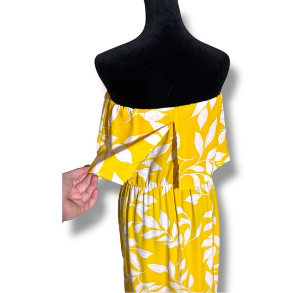 Tyche Bright Yellow with White Leaf Pattern Cinched Waist Strapless Maxi Dress - Picture 7 of 16